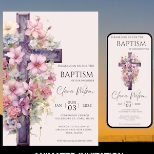 Wildflower Baptism phone Invitation, Printable Floral Baptism Invite, Girl Baptism Invitation, Dusty Pink Baptism, Christening Invite, Canva