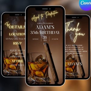 以下が含まれることがあります： 誕生日招待のデザインが表示された3つのスマートフォンの画面。デザインは、氷を入れたウイスキーのグラス、葉巻、そして「Aged to Perfection」と「Adam's 35th Birthday」というテキストが特徴です。イベントの詳細とRSVP情報も含まれています。