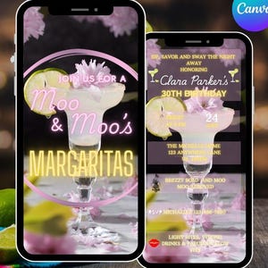 May include: Two smartphone screens displaying margarita party invitations. One screen reads "Moo & Moo's Margaritas" with a neon glow. The other screen is an invitation for Clara Parker's 30th birthday, with details about the event.