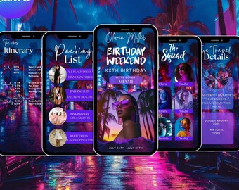 Editable Miami Takeover Trip Itinerary Invitation Template, Miami Vacation Invite, Miami Birthday Travel Text Evite, Editable Canva Planner
