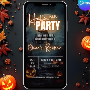 Puede incluir: Una invitación a una fiesta de Halloween mostrada en la pantalla de un smartphone. El diseño presenta una escena espeluznante con una luna llena, una casa embrujada y calabazas talladas. El texto dice "Halloween Party" e incluye detalles del evento.