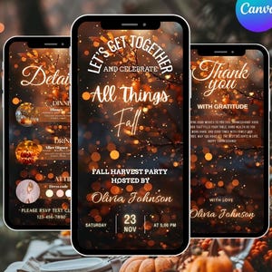 Może przedstawiać: Trzy smartfony wyświetlające zaproszenie na jesienne przyjęcie. Centralny telefon pokazuje "Let's Get Together and Celebrate All Things Fall" ze szczegółami wydarzenia. Pozostałe telefony pokazują szczegóły i podziękowania.