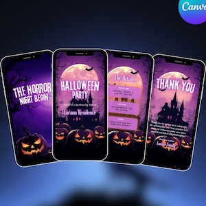 Puede incluir: Cuatro smartphones que muestran gráficos con temática de Halloween. Cada pantalla presenta un fondo púrpura con una luna llena, murciélagos y calabazas. El texto incluye "The Horror Night Begin", "Halloween Party" y "Thank You".