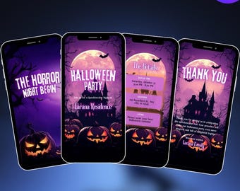 May include: Four smartphones displaying Halloween-themed graphics. Each screen features a purple background with a full moon, bats, and jack-o'-lanterns. Text includes "The Horror Night Begin," "Halloween Party," and "Thank You."