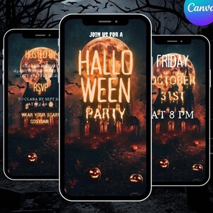 Puede incluir: Tres smartphones que muestran invitaciones a una fiesta de Halloween. Las invitaciones presentan una casa embrujada, una luna llena y calabazas. El texto incluye "Halloween Party", "Viernes 31 de octubre" y detalles de RSVP.