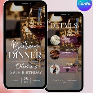 Puede incluir: Dos smartphones que muestran una invitación a una cena de cumpleaños. La pantalla izquierda dice "Cena de cumpleaños" y "29 cumpleaños de Olivia". La pantalla derecha detalla la cena, las bebidas y el atuendo. Copas de vino en primer plano.