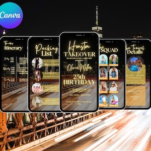 Digital Houston Trip itinerary Invitation Template, Houston Takeover Birthday Itinerary, Houston Itinerary, Canva Editable Text Evite