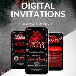 K&ouml;nnte beinhalten: Digitale Einladungen Canva-Vorlage, die auf drei Smartphones angezeigt wird. Die Einladungen zeigen ein Friendsmas-Party-Thema mit roten Ornamenten und Schneeflocken. Der Text enth&auml;lt Eventdetails und RSVP-Informationen.