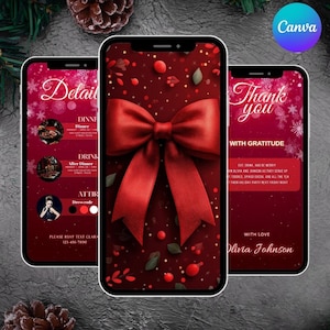 May include: Three smartphones displaying a festive holiday invitation. The central phone features a large red bow against a deep red background. The other phones show event details and a thank you message. The Canva logo is visible.