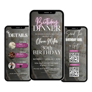 May include: Three smartphones displaying a birthday dinner invitation. The central phone shows "Birthday Dinner" and details for Olivia Miller's 30th birthday. The other phones show details and gift options.