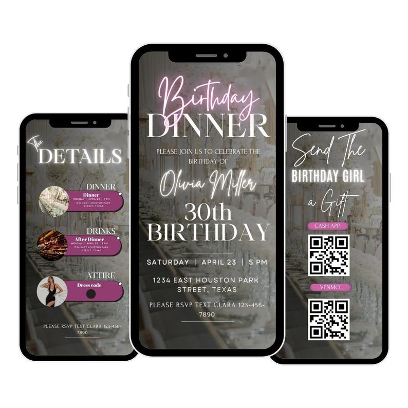 May include: Three smartphones displaying a birthday dinner invitation. The central phone shows "Birthday Dinner" and details for Olivia Miller's 30th birthday. The other phones show details and gift options.