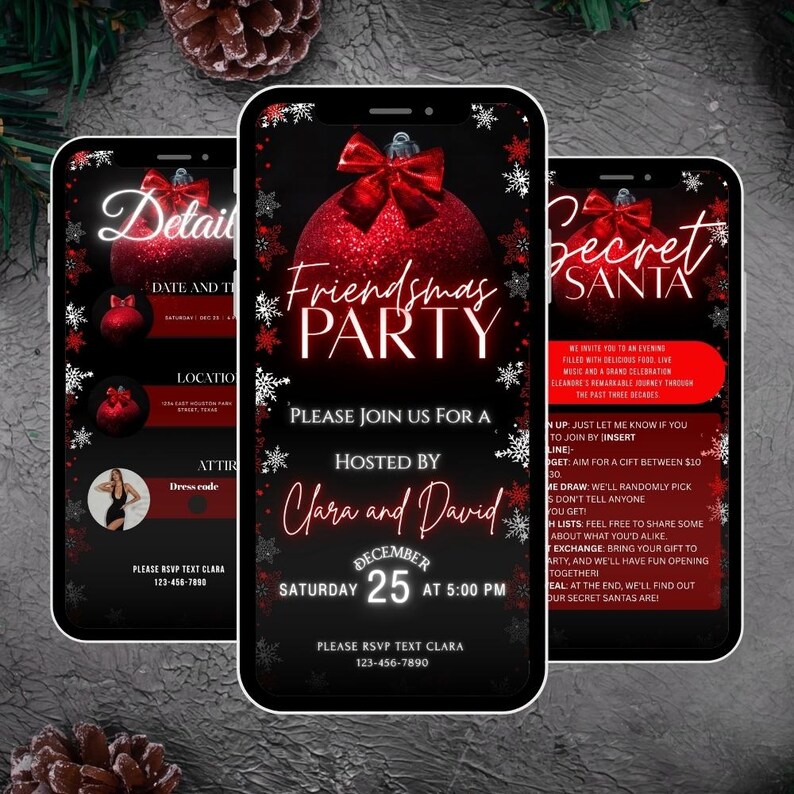 K&ouml;nnte beinhalten: Drei Smartphones mit Weihnachtsparty-Einladungen. Die Einladungen zeigen ein rotes Ornament-Design mit den Worten "Friendsmas Party" und "Secret Santa". Die Einladungen enthalten Veranstaltungsdetails, Datum, Uhrzeit und RSVP-Informationen.