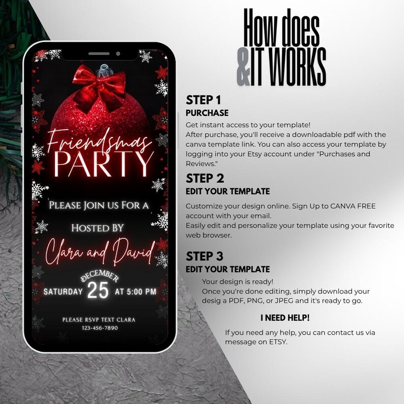 K&ouml;nnte beinhalten: Ein Smartphone zeigt eine digitale Einladung zu einer Friendsmas-Party. Die Einladung zeigt eine rote Christbaumkugel mit Schleife, Schneeflocken und den Text "Friendsmas Party" sowie Details zur Veranstaltung. Das Telefon ist vor dunklem Hintergrund.