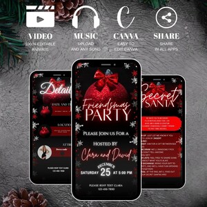 K&ouml;nnte beinhalten: Drei Smartphones zeigen eine Einladung zu einer Friendsmas-Party. Die Einladung zeigt eine rote Christbaumkugel mit einer Schleife, Schneeflocken und den Text "Friendsmas Party" und "Secret Santa". Die Einladung wird von Clara und David veranstaltet.