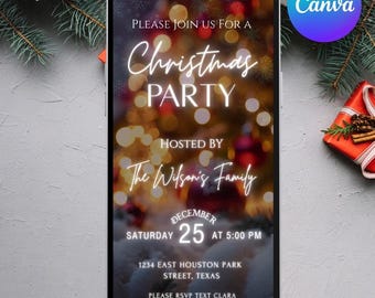 May include: A smartphone displays a Christmas party invitation. The design features a blurred background of Christmas lights and ornaments. Text includes "Christmas Party," the host's name, date, time, and contact information. The Canva logo is in the upper right corner.
