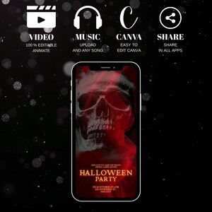Puede incluir: Un tel&eacute;fono inteligente muestra una invitaci&oacute;n a una fiesta de Halloween con un cr&aacute;neo rojo. La invitaci&oacute;n incluye el texto "Halloween Party" y los detalles del evento. Los iconos de v&iacute;deo, m&uacute;sica, Canva y compartir est&aacute;n en la parte superior.