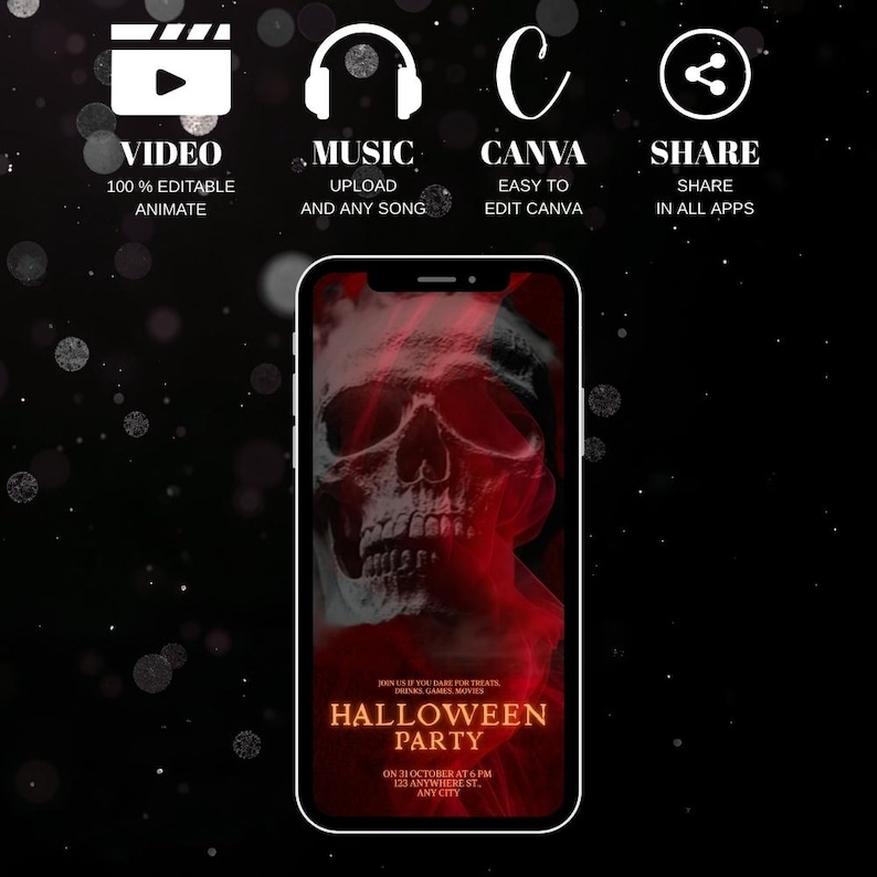 Puede incluir: Un tel&eacute;fono inteligente muestra una invitaci&oacute;n a una fiesta de Halloween con un cr&aacute;neo rojo. La invitaci&oacute;n incluye el texto "Halloween Party" y los detalles del evento. Los iconos de v&iacute;deo, m&uacute;sica, Canva y compartir est&aacute;n en la parte superior.
