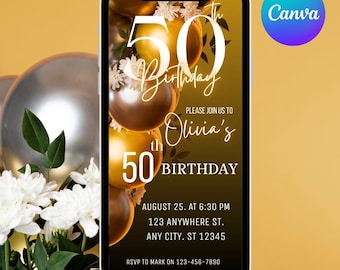 Plantilla de invitación digital para 50 cumpleaños para mujer, invitación editable para fiesta de 50 cumpleaños, tarjeta electrónica autoeditable de 50 cumpleaños para ella