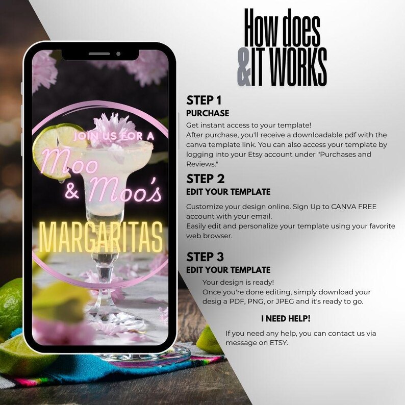 May include: A smartphone displays a margarita graphic with the text "Join us for a Moo & Moo's Margaritas." The image includes instructions: Purchase, Edit Your Template, and Edit Your Template. The background features limes and flowers.