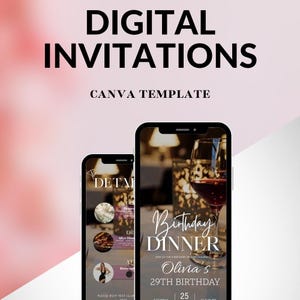 Puede incluir: Invitaciones digitales, plantilla Canva. Dos smartphones muestran una invitaci&oacute;n a una cena de cumplea&ntilde;os con una copa de vino y texto. La invitaci&oacute;n incluye detalles para el 29 cumplea&ntilde;os de Olivia.