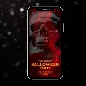 Puede incluir: Un tel&eacute;fono inteligente muestra una invitaci&oacute;n a una fiesta de Halloween. El dise&ntilde;o presenta un gr&aacute;fico de calavera roja y gris con las palabras "Halloween Party" en naranja. La invitaci&oacute;n incluye la fecha, la hora y el lugar.