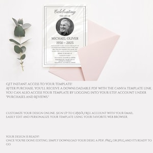 May include: A memorial card with the text "Celebrating the Life of Michael Oliver 1950-2025" and a photo of the deceased. The card is white with a black border and is placed on a light pink envelope. A sprig of greenery is on the left.