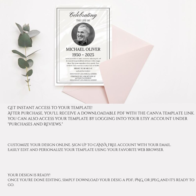 May include: A memorial card with the text "Celebrating the Life of Michael Oliver 1950-2025" and a photo of the deceased. The card is white with a black border and is placed on a light pink envelope. A sprig of greenery is on the left.