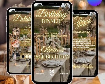 Digital Birthday Dinner Invitation: Elegant Birthday Party Animated Evite, Electronic Text, Self Editable Canva Template, Instant Download