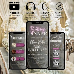 May include: Three smartphones displaying a birthday dinner invitation. The invitation includes details such as the date, time, location, and RSVP information. The image also features icons for video, music, Canva, and sharing.