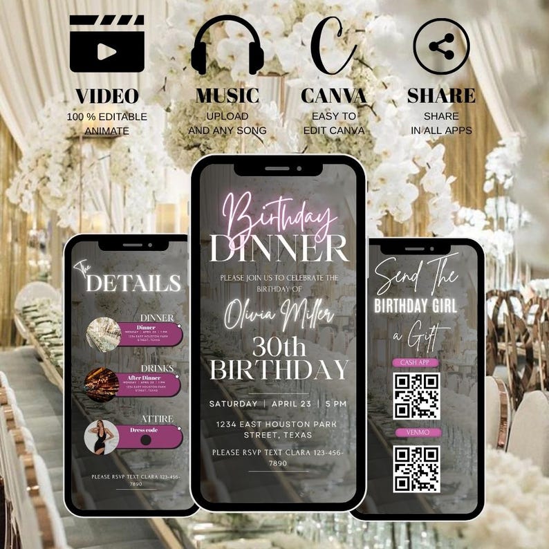 May include: Three smartphones displaying a birthday dinner invitation. The invitation includes details such as the date, time, location, and RSVP information. The image also features icons for video, music, Canva, and sharing.