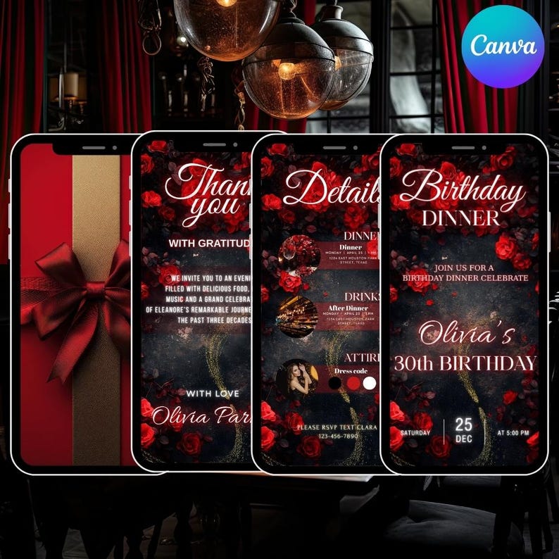 Digital Red Rose Gold Birthday Invitation, Editable Dinner Party ...