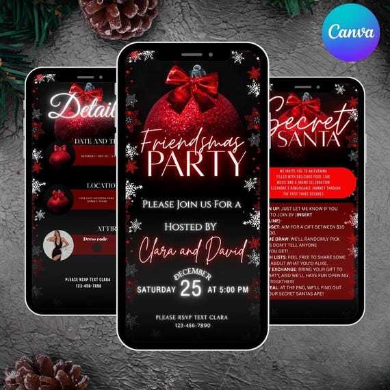 Personalized Friendsmas Party Invitation, Christmas Dinner Animated Invitation, Red Holiday Dinner Evite, Ornament Invite, Editable Template