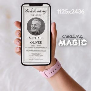 May include: A smartphone displays a memorial announcement with the text "Celebrating the Life of Michael Oliver 1950-2025." The phone is held in a hand with a pink smartwatch. The background includes the words "creating MAGIC."