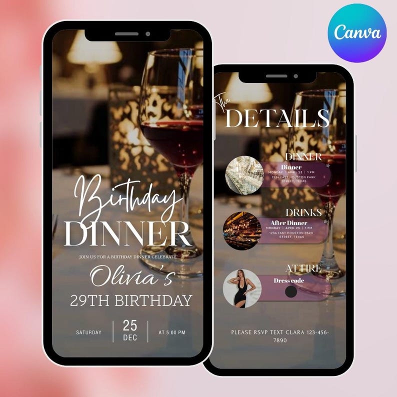 Puede incluir: Dos smartphones que muestran una invitaci&oacute;n a una cena de cumplea&ntilde;os. La pantalla izquierda dice "Cena de cumplea&ntilde;os" y "29 cumplea&ntilde;os de Olivia". La pantalla derecha detalla la cena, las bebidas y el atuendo. Copas de vino en primer plano.
