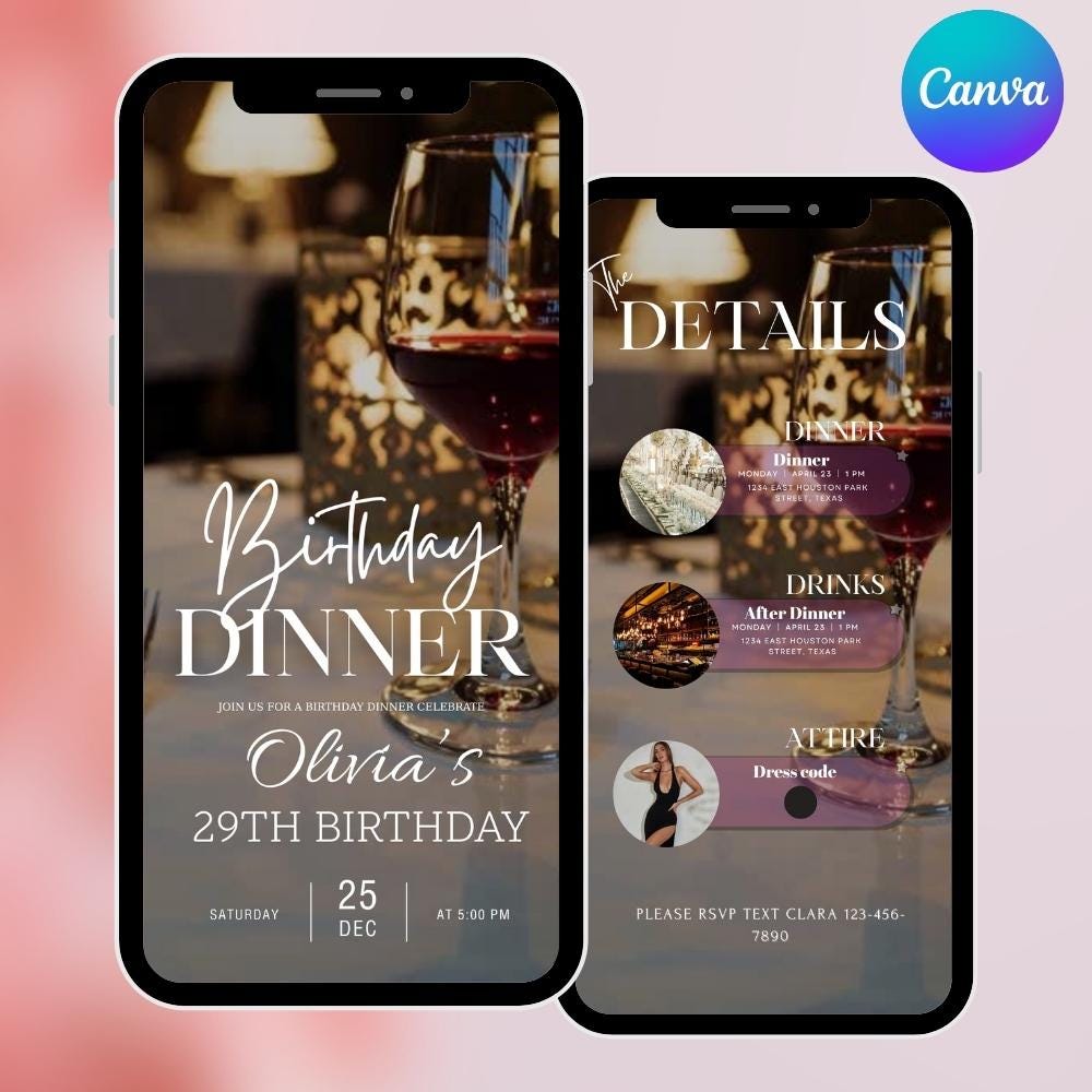 Elegant Digital Birthday Dinner Invitation Template, Animated Birthday Dinner Text Evite, Editable Birthday Party Invite, Canva Template