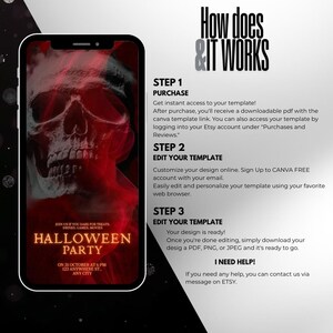 Puede incluir: Un tel&eacute;fono inteligente muestra una plantilla de invitaci&oacute;n a una fiesta de Halloween. El dise&ntilde;o presenta un gr&aacute;fico de calavera roja con el texto "Halloween Party" en naranja. Tambi&eacute;n se incluyen instrucciones sobre c&oacute;mo comprar, editar y descargar la plantilla.