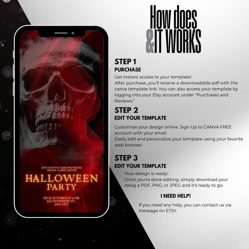 Puede incluir: Un tel&eacute;fono inteligente muestra una plantilla de invitaci&oacute;n a una fiesta de Halloween. El dise&ntilde;o presenta un gr&aacute;fico de calavera roja con el texto "Halloween Party" en naranja. Tambi&eacute;n se incluyen instrucciones sobre c&oacute;mo comprar, editar y descargar la plantilla.