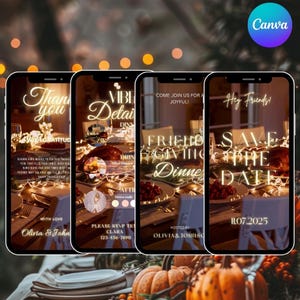 May include: Four smartphone screens displaying Thanksgiving dinner invitations. The first screen says "Thank you" and "With Gratitude". The second screen says "Vibe Detail Dinner". The third screen says "Friends Giving Dinner". The fourth screen says "Save the Date".