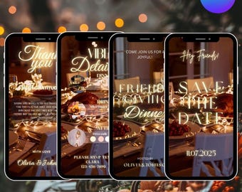 May include: Four smartphone screens showing Thanksgiving dinner invitations. The first screen says "Thank you" and "With Gratitude". The second screen says "Vibe Detail Dinner". The third screen says "Friends Giving Dinner". The fourth screen says "Save the Date".