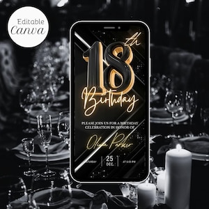 Könnte beinhalten: Ein Smartphone-Bildschirm zeigt eine Einladung zum 18. Geburtstag. Das Design ist schwarz und goldfarben, mit der Zahl "18" im Mittelpunkt. Die Einladung enthält den Namen "Olivia Parker" und die Veranstaltungsdetails.