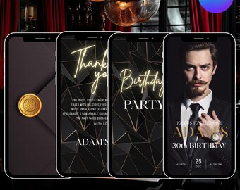 Black and Gold Birthday Invitation Template, Digital Birthday Party Invite, Animated Canva Invite, 30th 40th 50th Birthday Text Evite