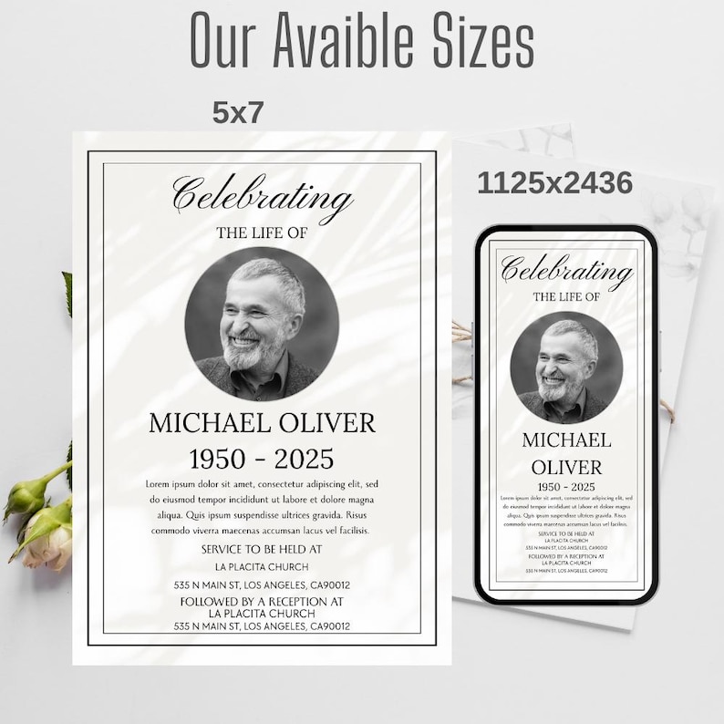 May include: Two memorial cards with the text "Our Avaible Sizes" and "Celebrating the Life of Michael Oliver 1950-2025." One card is 5x7 inches, the other is a phone screen size. The cards include a photo of a smiling man.