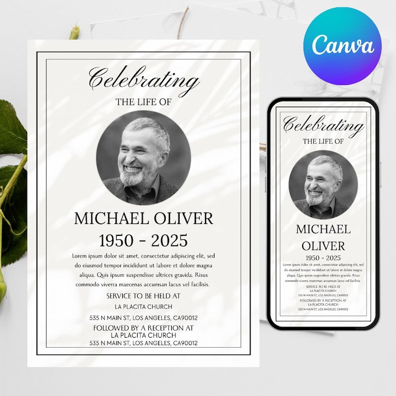 May include: A memorial announcement with the text "Celebrating the Life of Michael Oliver 1950-2025." The announcement includes a black and white photo of Michael Oliver. The text also includes service details and location.