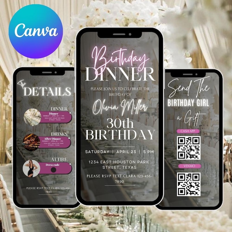 May include: Three smartphones displaying a birthday dinner invitation. The central phone features the text "Birthday Dinner" and "30th Birthday" with event details. The other phones show details and gift options.