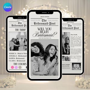 Bridesmaid Proposal Video Invitation, Newspaper Style, Editable Canva Template