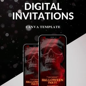 Puede incluir: Invitaciones digitales para una fiesta de Halloween. El dise&ntilde;o presenta dos tel&eacute;fonos inteligentes que muestran un gr&aacute;fico de calavera roja. El texto "DIGITAL INVITATIONS" y "CANVA TEMPLATE" est&aacute;n en la parte superior. Las palabras "HALLOWEEN PARTY" tambi&eacute;n son visibles.