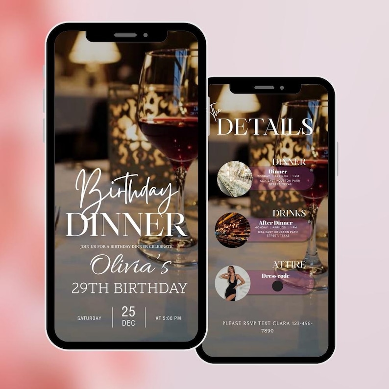 Puede incluir: Dos smartphones que muestran una invitaci&oacute;n a una cena de cumplea&ntilde;os. La invitaci&oacute;n presenta las palabras "Cena de Cumplea&ntilde;os" y "29 cumplea&ntilde;os de Olivia". El dise&ntilde;o incluye copas de vino, velas y detalles del evento.
