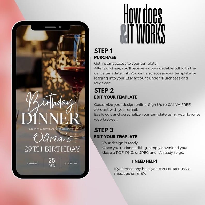 Puede incluir: Una pantalla de tel&eacute;fono inteligente muestra una plantilla de invitaci&oacute;n a una cena de cumplea&ntilde;os. El dise&ntilde;o presenta una copa de vino, el texto "Cena de Cumplea&ntilde;os" y los detalles del 29 cumplea&ntilde;os de Olivia el 25 de diciembre a las 17:00. Tambi&eacute;n se incluyen instrucciones.