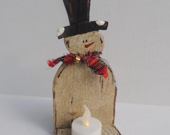 Primitive Rustic Folk Art Snowflake Sam Wooden  Candleholder