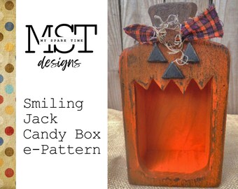 Primitive Rustic Wooden Pumpkin Jack-O-Lantern Candy Box e Pattern